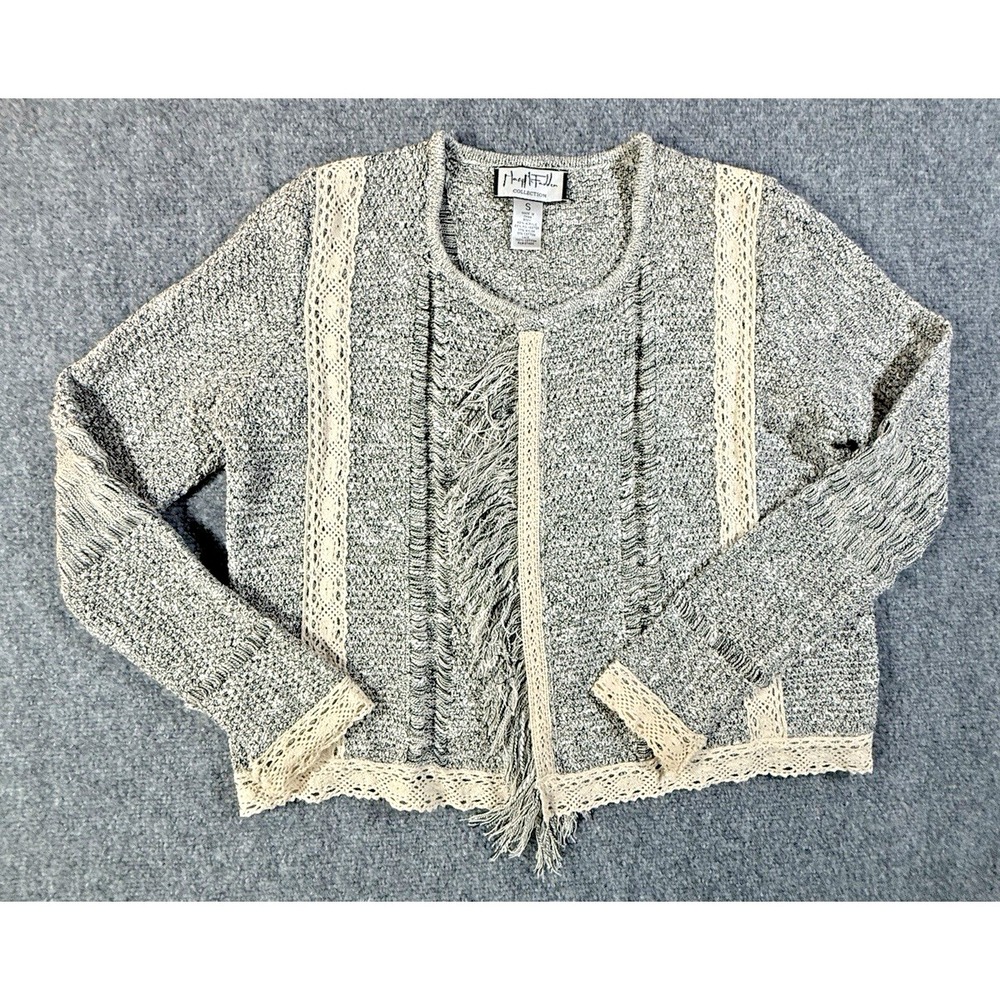 Mary McFadden, Size S, Open Front Sweater, Gray Nubby Knit, Fringed